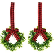 2 Pieces Christmas Cabinet Wreaths Wreaths with Ribbon Buffalo Plaid Kitchen Decor Hanging Wreaths Small Farmhouse Wreaths Artificial Greenery Wreaths for Kitchen Cabinet Doors